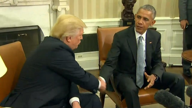 Barack Obama and Donald Trump handshake at White House